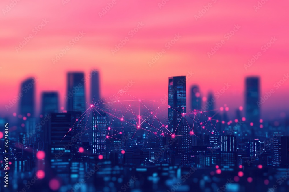 Fototapeta premium Predictive analytics optimizes supply chain management. City skyline at sunset with a vibrant pink and blue color palette.
