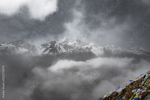 Mountain and Himalaya Landscape View from Kyanjin Ri with Langtang Peak and other mountains in Nepal photo