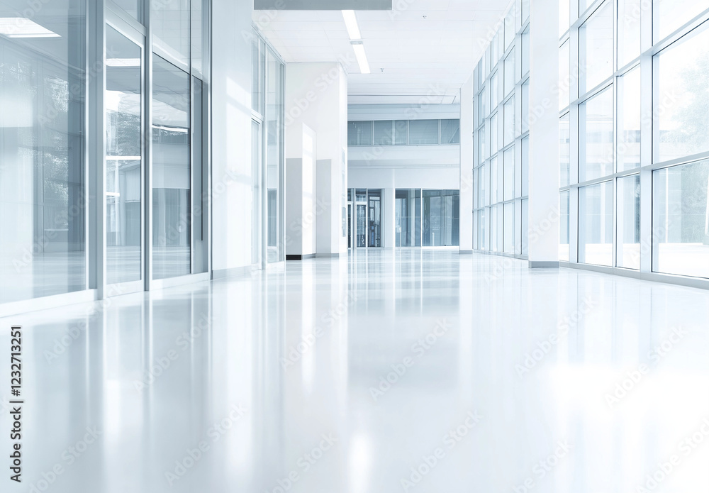 Fototapeta premium Blurred modern office interior with large glass windows and a sleek white floor, creating a clean and spacious atmosphere. This vector illustration serves as a versatile background for business 