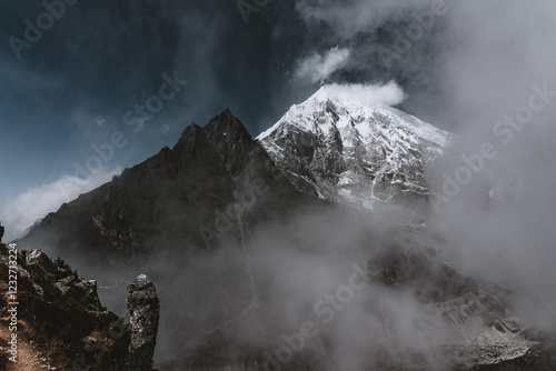 Very Cloudy Himalayan Mountain of  Langtang Lirung Peak in Kyanjin Ri Gompa Trekking Nepal photo