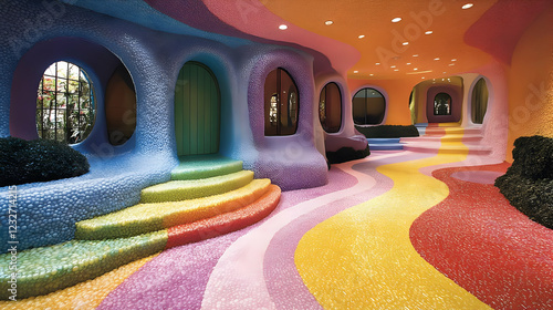 Whimsical Colorful Playroom Interior Design With Rainbow Floor And Walls