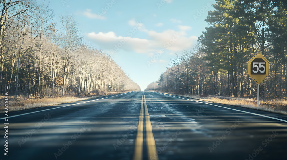 Fototapeta premium Long empty road stretching into horizon with speed limit sign. Traffic regulations and safe driving practices for 55 mph Speed Limit Day