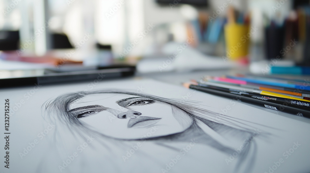 A logo design concept drawn on paper with sketches of color palettes and typography ideas in the background.