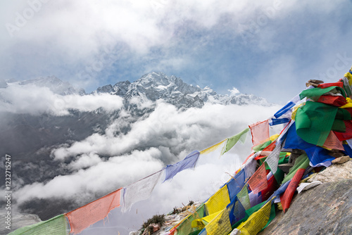 Mountain and Himalaya Landscape View from Kyanjin Ri with Langtang Peak and other mountains in Nepal photo