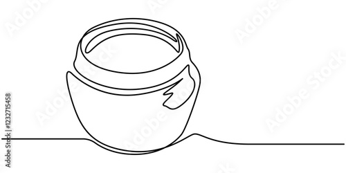 Jar of honey one line continuous. Line art jar of jam. Hand drawn vector art, Glass canning jar in continuous line art drawing style, Food preserve. Minimalist black linear sketch on white background.