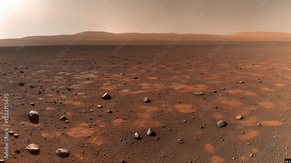 Martian landscape with scattered rocks and distant hills Martian landscape with scattered rocks and distant hills