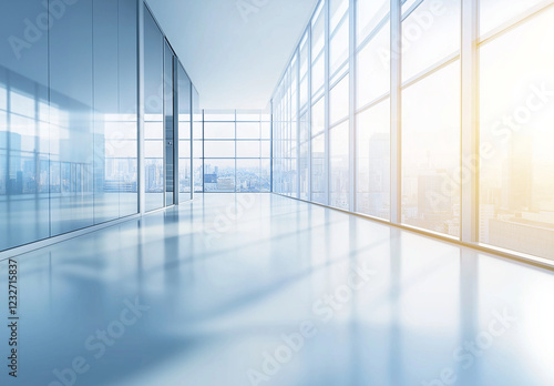 Wallpaper Mural Blurred modern office interior with large glass windows and a sleek white floor, creating a clean and spacious atmosphere. This vector illustration serves as a versatile background for business  Torontodigital.ca