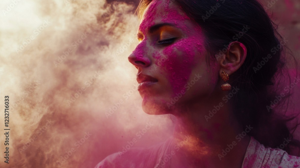 Fototapeta premium Serene Woman Covered in Pink Holi Powder