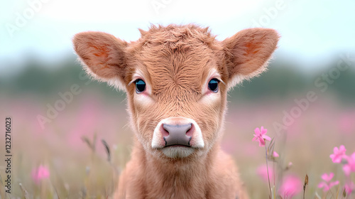 Cute calf in pink flower field, spring pasture