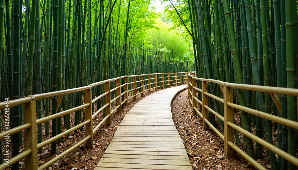 Obraz premium Serene wooden footpath winding through vibrant bamboo forest, tranquility