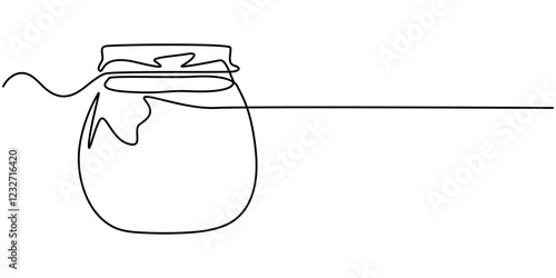 Jar of honey one line continuous. Line art jar of jam. Hand drawn vector art, Glass canning jar in continuous line art drawing style, Food preserve. Minimalist black linear sketch on white background.