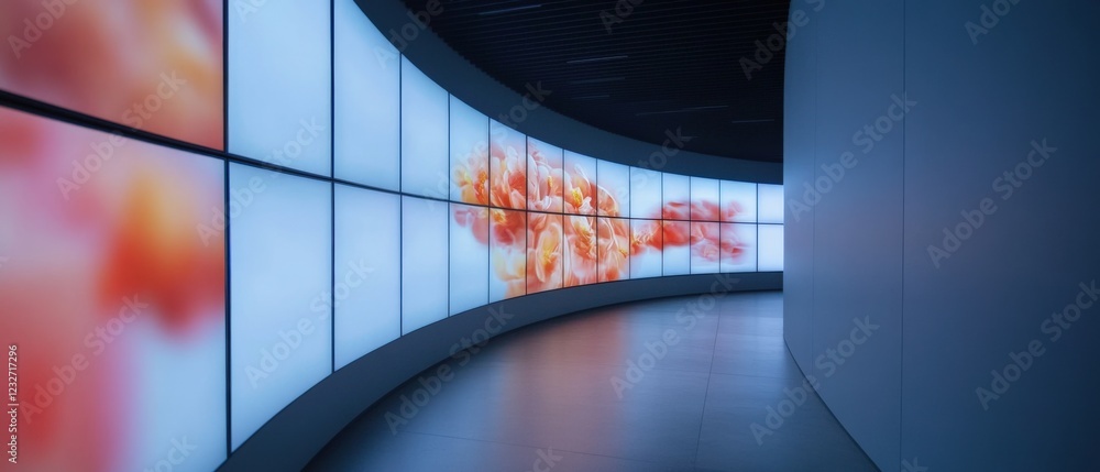 Obraz premium curved video wall displaying digital art in a modern hallway