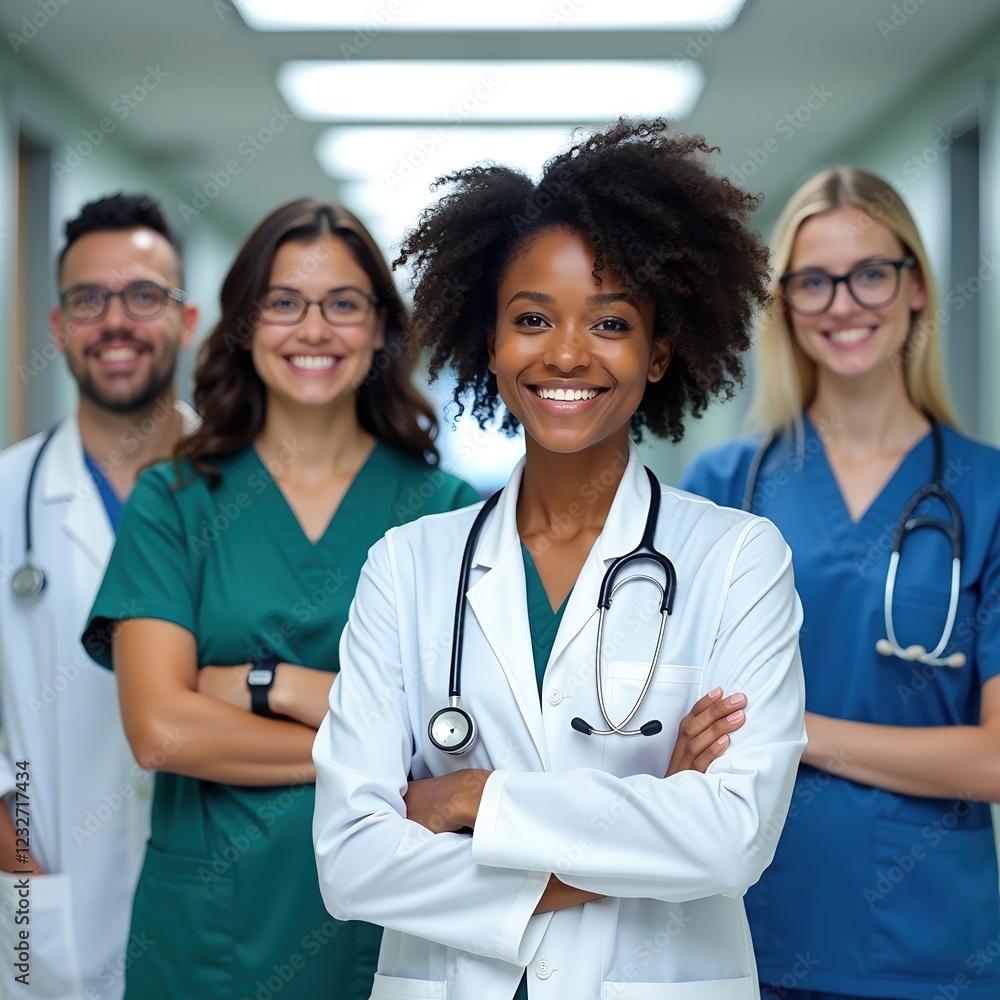 A diverse team of medical professionals stand confidently in a hospital hallway, showcasing their dedication to healthcare. A diverse team of medical professionals stand confidently in a hospital hallway, showcasing their dedication to healthcare.