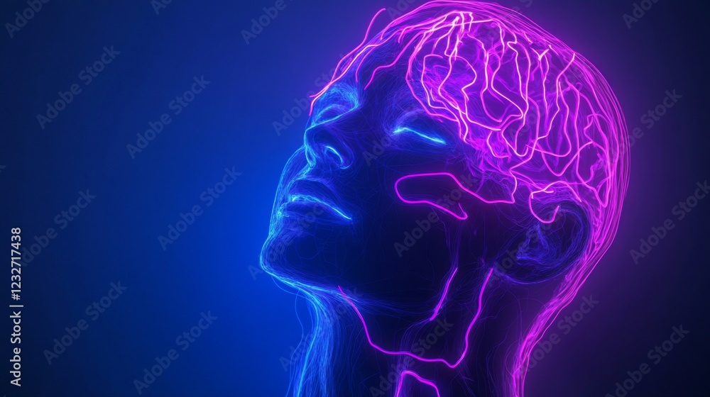 Abstract Glowing Head Portrait with Purple and Blue Neon Lines