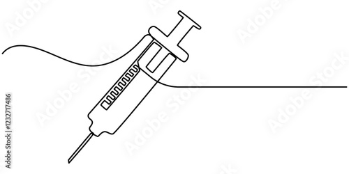 Continuous one line drawing of medical syringe. One line drawing illustration of injection syringe. Vaccine, World health day concept Single line. Editable outline, Continuous Line Drawing of Vaccine.