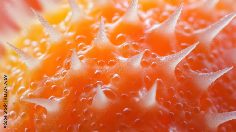 macro close-up of an orange spiky fruit texture with water droplets macro close-up of an orange spiky fruit texture with water droplets