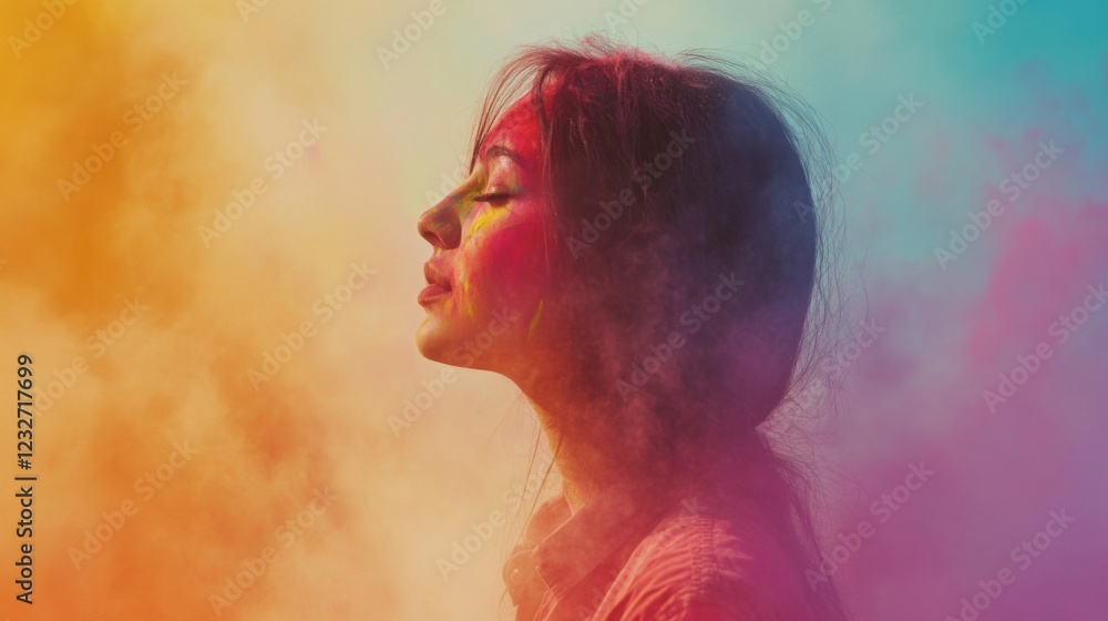 Fototapeta premium Woman Covered in Vibrant Holi Powder, Profile Portrait