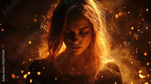 Enigmatic Beauty Amidst Fiery Embers: A Portrait of Serene Strength