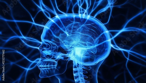 과적된 정보의 신경망 폭주, 두개골 안에서 푸른색 신경세포들이 과열된 CPU처럼 깜빡이며 과도하게 연결되는 모습