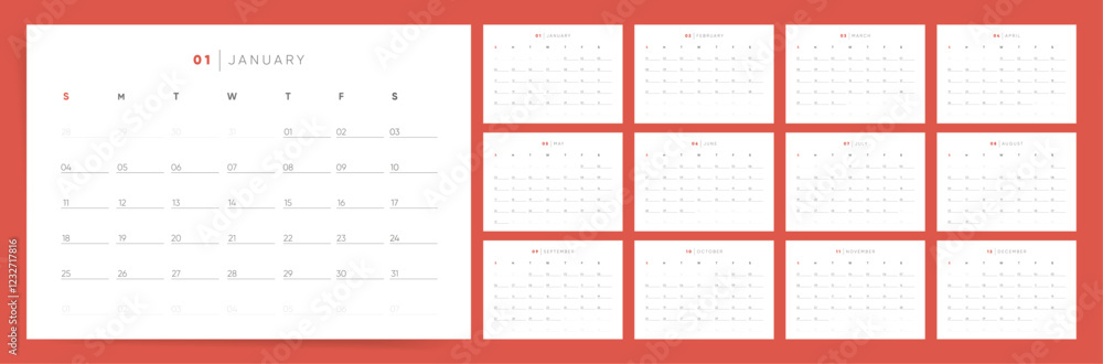 Calendar 2026. Week starts Sunday. Modern Casual design monthly 2026 calendar template vector. Calendar 2026. Week starts Sunday. Modern Casual design monthly 2026 calendar template vector.