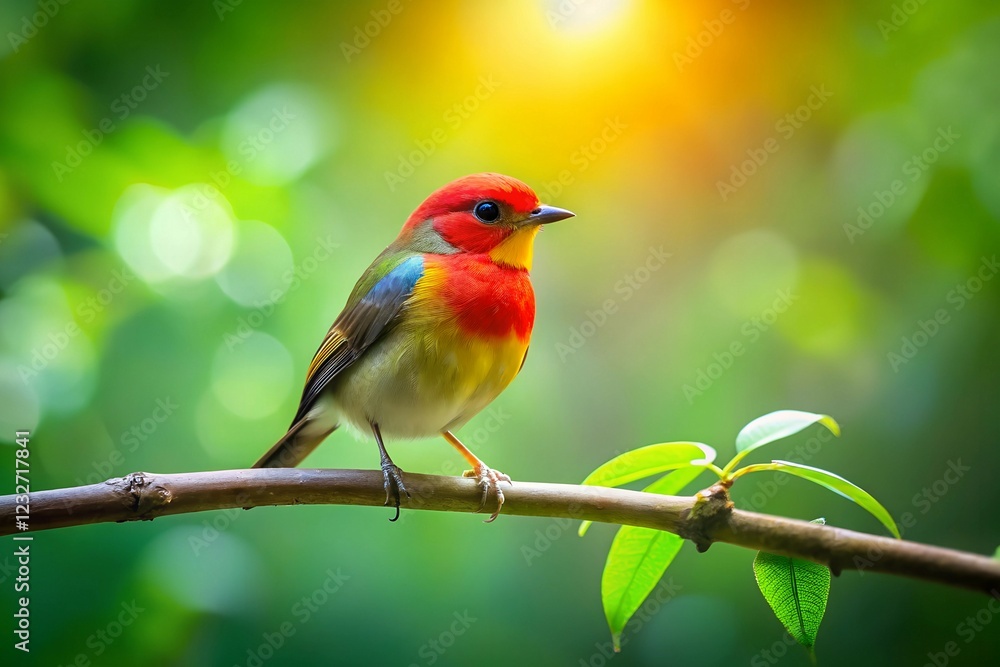 Vibrant Trio Yellow and Red Birds Perched on a Delicate Branch Amidst Lush Green Foliage – Close-Up Nature Photography. Vibrant Trio Yellow and Red Birds Perched on a Delicate Branch Amidst Lush Green Foliage – Close-Up Nature Photography.