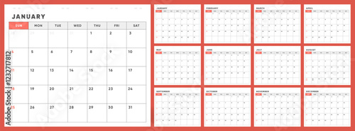 Calendar 2026. Week starts Sunday. Office corporate design monthly 2026 calendar template vector.	