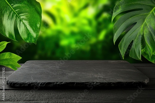 Stone Table for Product Display in Lush Jungle Background - Captivating Advertising Shot photo