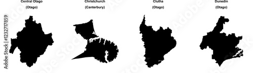 Central Otago, Christchurch, Clutha, Dunedin outline maps