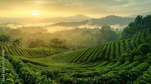 Wallpaper Mural coffee plantation at dawn, rows of coffee plants with dew, soft natural lighting, lush green tones, tranquil and serene mood, expanse of the plantation and the morning mist. Torontodigital.ca