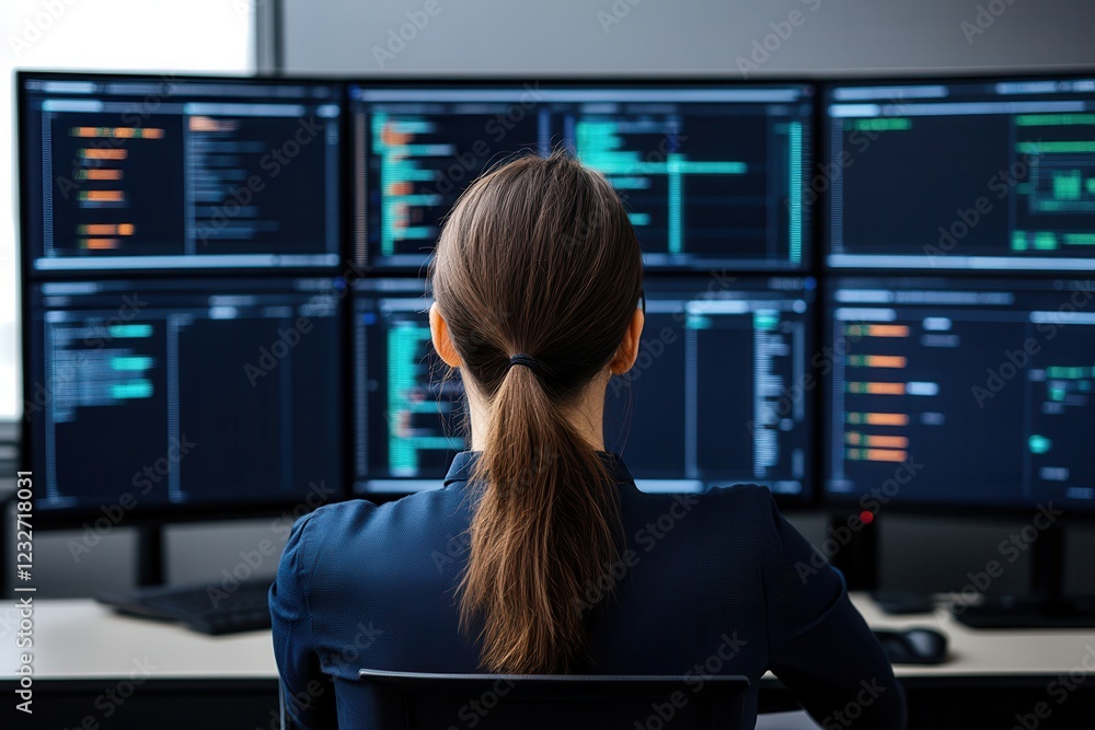 Predictive analytics optimizes supply chain management. Professional working with multiple computer screens displaying code. Predictive analytics optimizes supply chain management. Professional working with multiple computer screens displaying code.