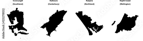 Invercargill, Kaikoura, Kaipara, Kapiti Coast outline maps