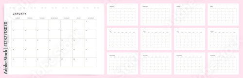 2026 Calendar Template Design. Week starts on Sunday office calendar. A4 minimalist cozy planner with place for branding. Casual 2026 calendar. English vector calendar layout for 2026 year.	