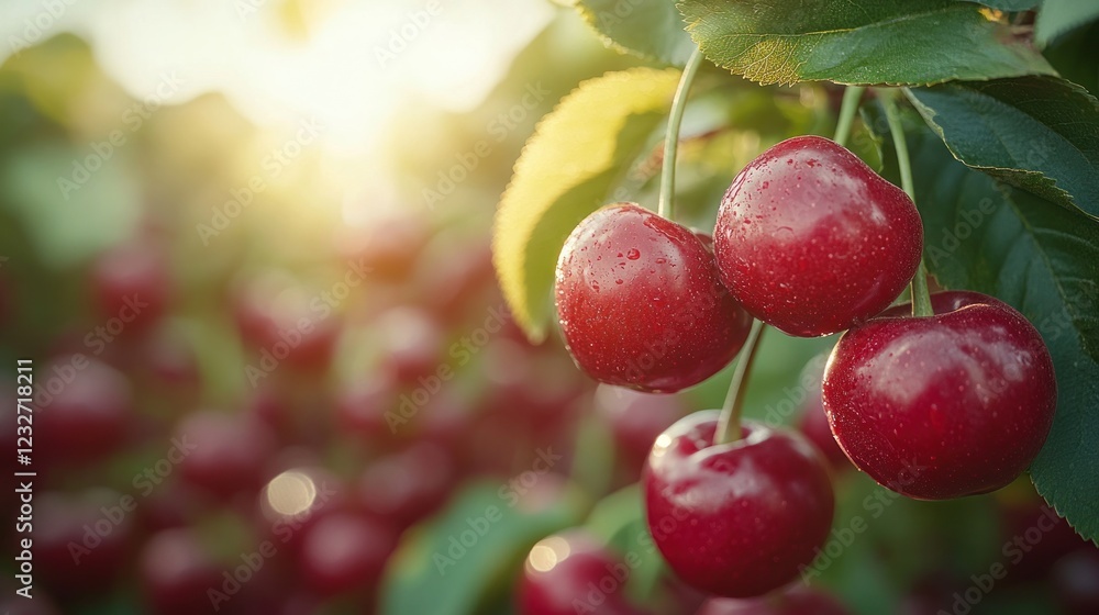 Ripe red cherries on branch, sunlight. Ripe red cherries on branch, sunlight.