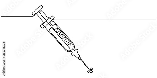 Continuous one line drawing of medical syringe. One line drawing illustration of injection syringe. Vaccine, World health day concept Single line. Editable outline, Continuous Line Drawing of Vaccine.
