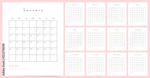 2026 Calendar Template Design. Week starts on Sunday office calendar. A4 vertical planner in simple clean style. Minimal Casual 2026 calendar. English vector calendar layout for 2026 year.	