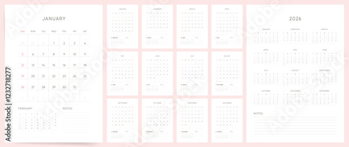Calendar 2026, Calendar 2026 Sunday Start Clean and Elegant Minimal Vertical Design Template