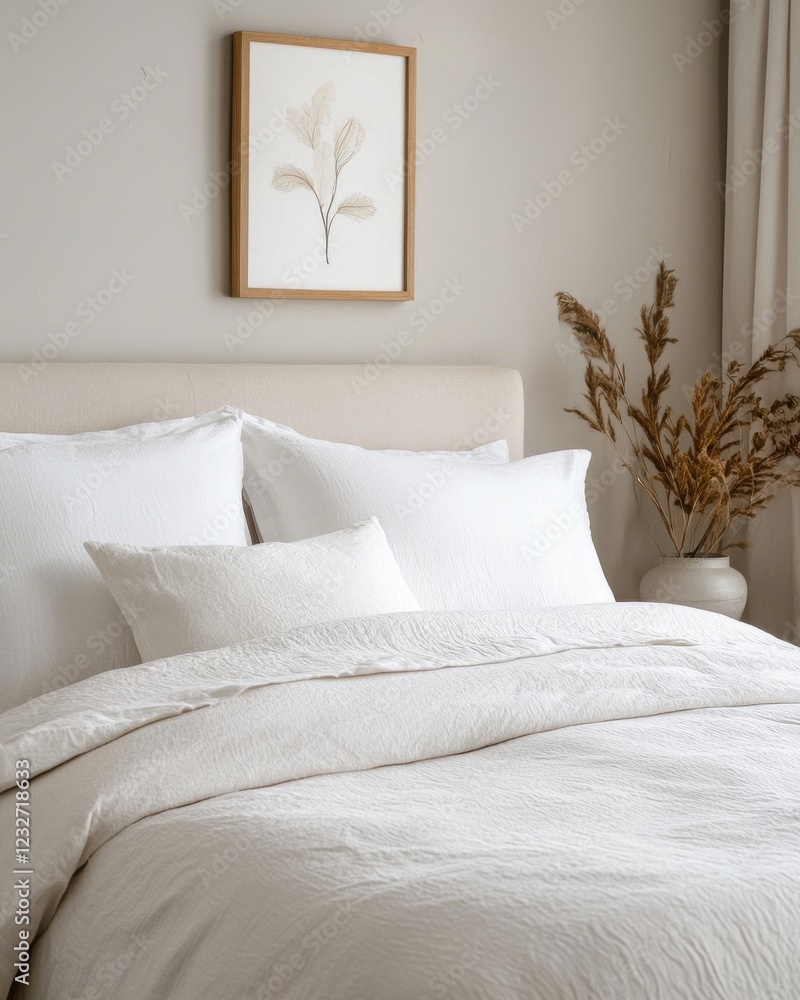 A serene bedroom featuring a soft, neutral color palette, plush bedding, and decorative elements like a floral painting and dried grass. A serene bedroom featuring a soft, neutral color palette, plush bedding, and decorative elements like a floral painting and dried grass.