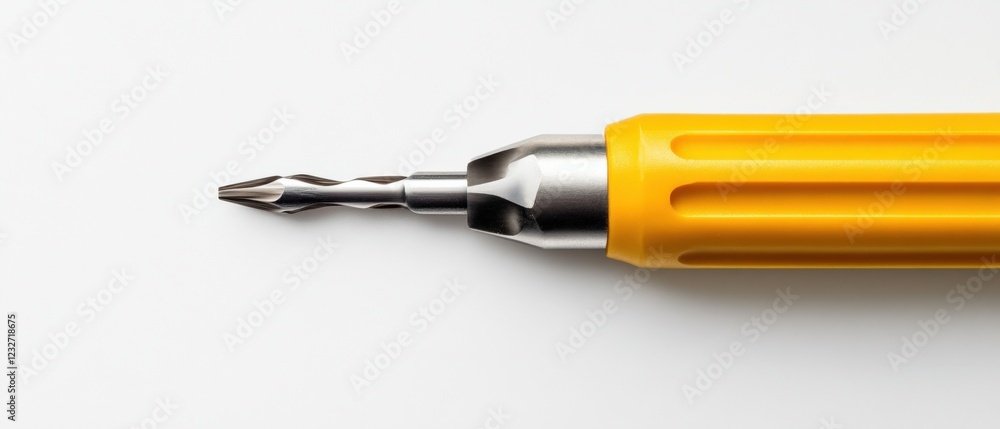 close-up of a yellow screwdriver with a spiral tip on a white background close-up of a yellow screwdriver with a spiral tip on a white background