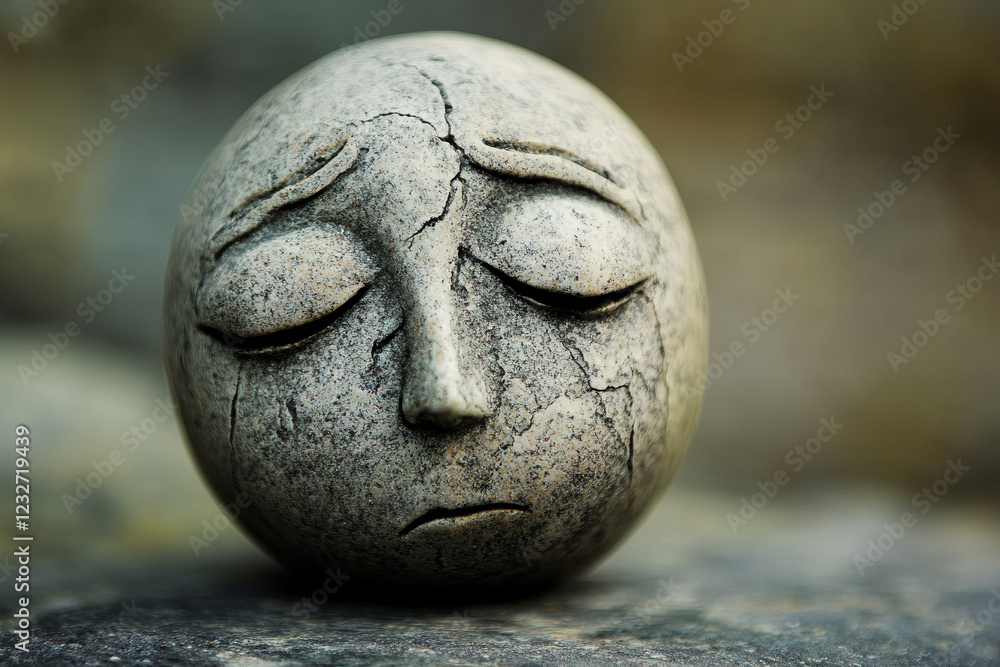 A stone sphere with carved sad face, closed eyes, depression, emotion, sadness, melancholy, solitude, loneliness, ball, textured surface, natural lighting, muted colors, soft-focus blurred background A stone sphere with carved sad face, closed eyes, depression, emotion, sadness, melancholy, solitude, loneliness, ball, textured surface, natural lighting, muted colors, soft-focus blurred background