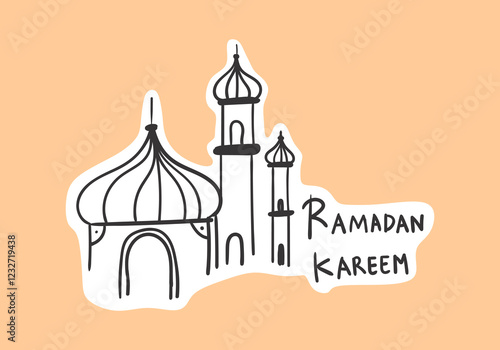 illustration of Ramadan Kareem featuring a mosque, lanterns, the moon, and stars.