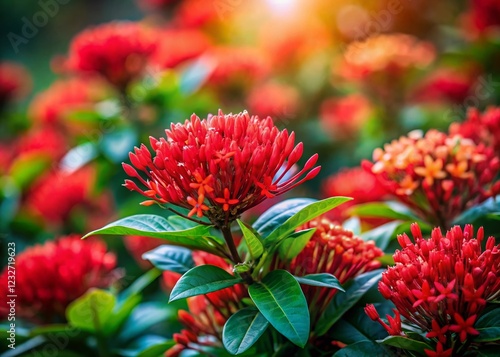 Vibrant Red Rauwolfia Serpentina Flowers Close-Up Bush Detail photo