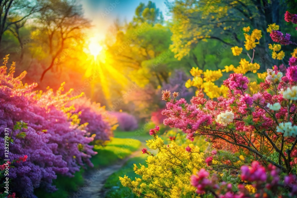 Vibrant Spring Bloom: Lush Greenery & Flowering Shrubs Long Exposure Photography Vibrant Spring Bloom: Lush Greenery & Flowering Shrubs Long Exposure Photography