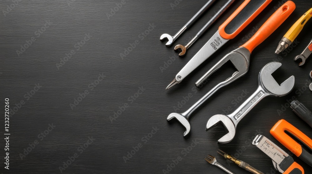 A Collection of Various Hand Tools Including Wrenches, Screwdrivers, and Pliers Arranged Artistically on a Dark Surface for Home Improvement and DIY Projects A Collection of Various Hand Tools Including Wrenches, Screwdrivers, and Pliers Arranged Artistically on a Dark Surface for Home Improvement and DIY Projects