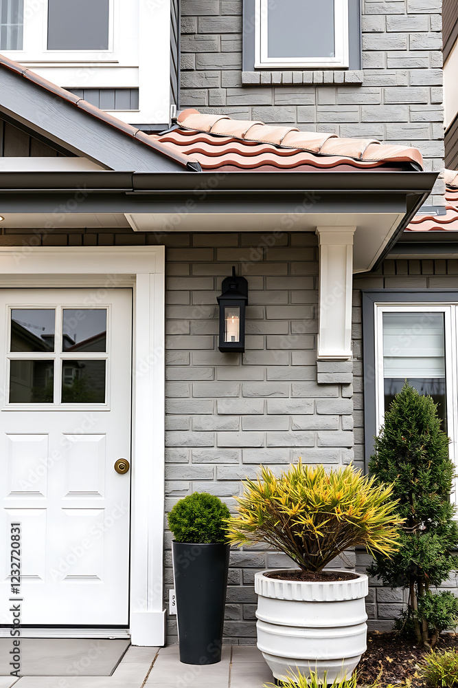 Obraz premium Modern House Exterior: Grey Brick, White Door, and Landscaped Entrance. A perfect blend of modern architecture and curb appeal.