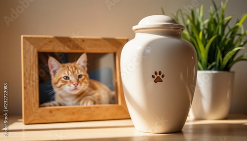 Elegant ceramic pet urn with cat paw print next to wooden photo frame, emotional pet memorial decor
