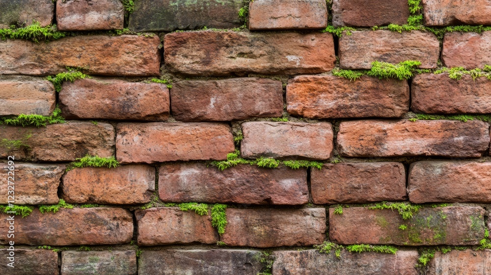 Obraz premium Rustic Brick Wall: A Weathered Red Brick Wall with Patches of Green Moss and Creeping Plants, Showcasing a Blend of Nature and Architecture, Creating a Charming and Organic Aesthetic
