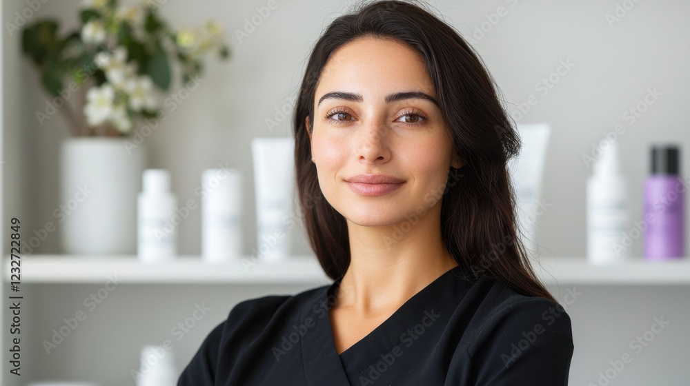 Confident Young Woman in Black Top at Skincare Clinic Confident Young Woman in Black Top at Skincare Clinic