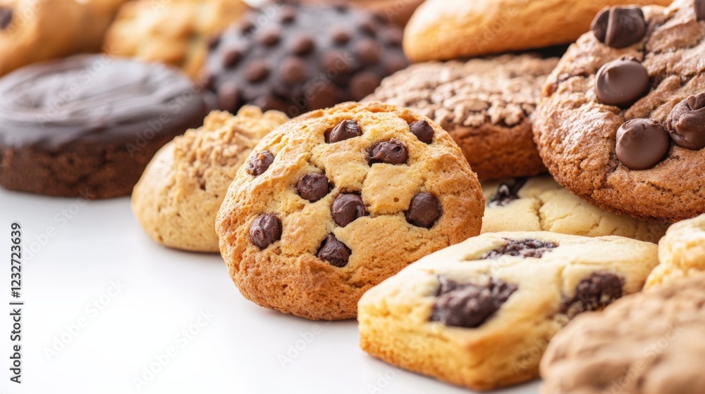 close up of assorted cookies with chocolate chips close up of assorted cookies with chocolate chips
