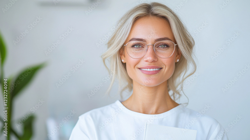 Portrait of a smiling blonde woman wearing round glasses and a white shirt against a blurred white background with a plant in the corner. Portrait of a smiling blonde woman wearing round glasses and a white shirt against a blurred white background with a plant in the corner.