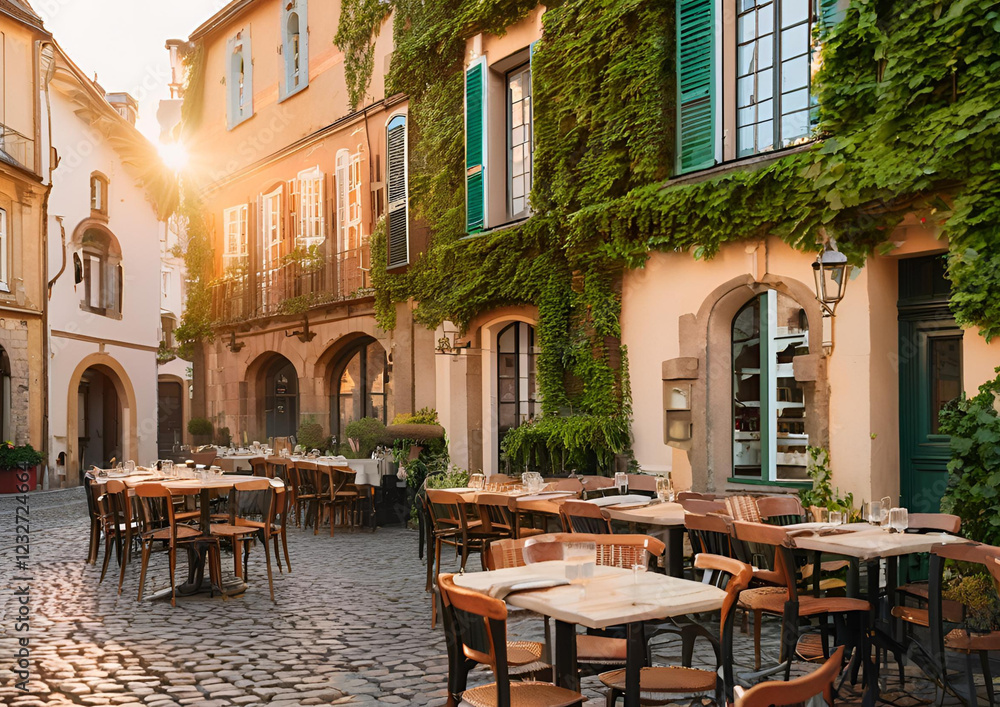 A charming European street café at sunrise, with cobblestone roads and elegant old buildings covered in ivy.